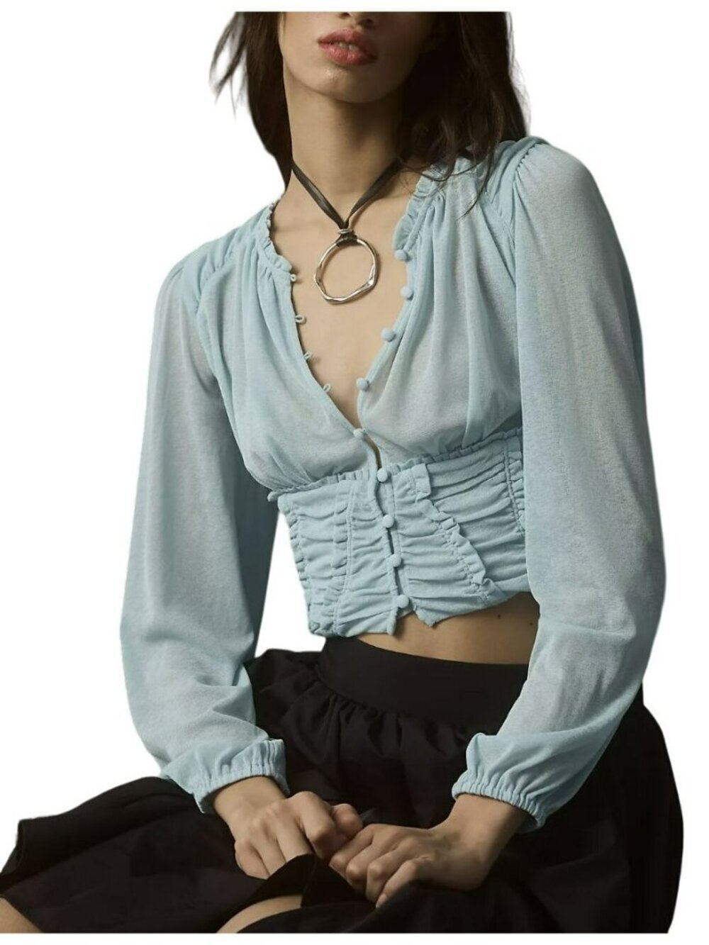 Anthropologie Top Long-Sleeve Femme Ruched Cropped Blue Sz XS NWT